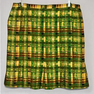 Vintage Mosaic Woman Green Plaid Swing Skirt Plus Size 3X Rayon Flounced Hem Y2K